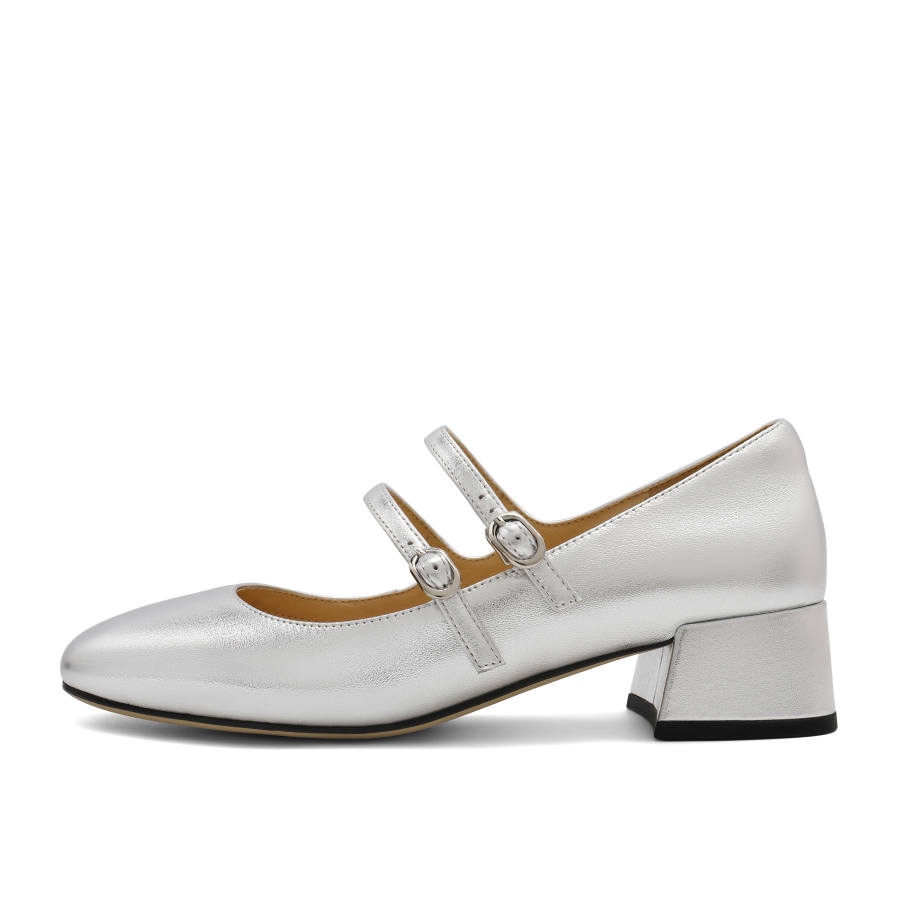 BELLE Sheepskin Chunky Heel Mary Jane Shoes 4cm Women's Silver