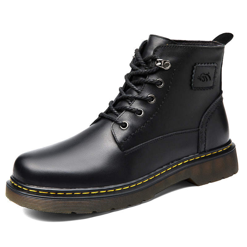 GONGNIULEITING Top Grain Cow Leather Short Combat Boots Unisex Black