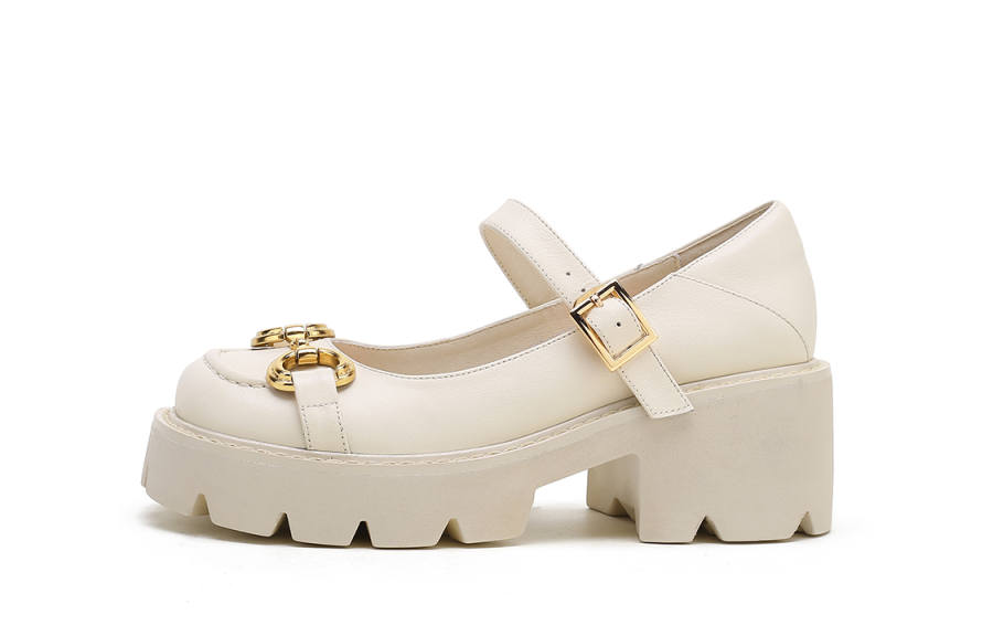 VEDULLAR Top Grain Cow Leather Chunky Heel Mary Jane Shoes Women's
