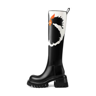 HAOYASENNU Top Grain Cow Leather Knee High Boots 6cm Women's Painted Black