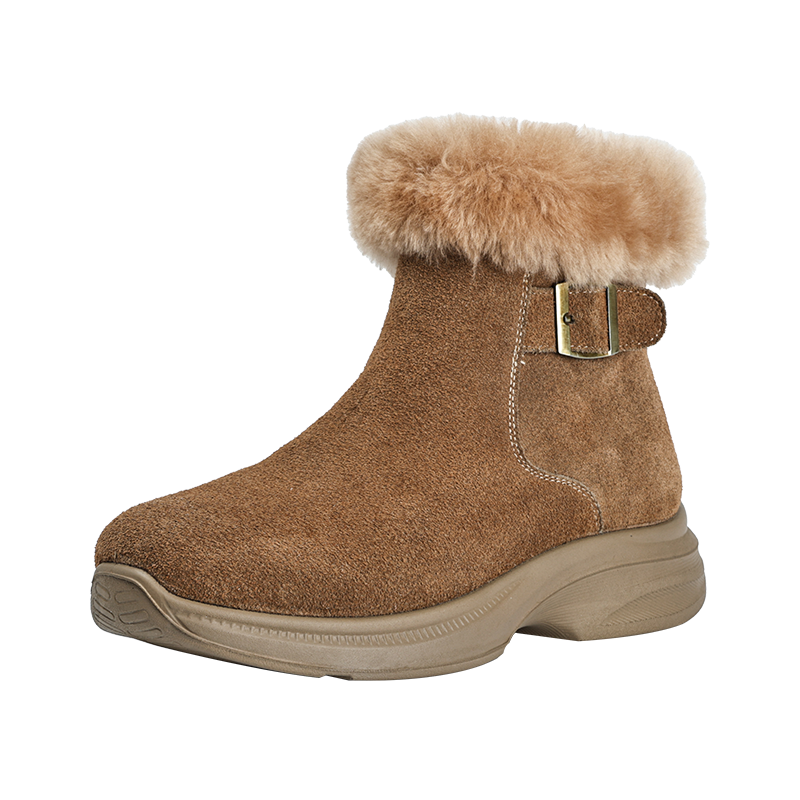 AOKANG Cow Split Leather Short Snow Boots Women's Camel