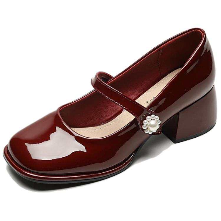 WEISHIBANGWEI Microfiber Leather Chunky Heel Mary Jane Shoes 5CM Women's Burgundy