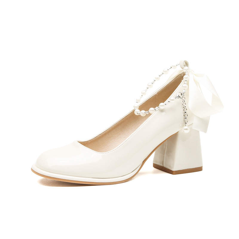 HKCP Chunky Heel High Heels 7cm Women's Ecru