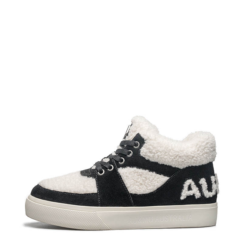 AU&MU Sheepskin Thermal Slip Resistant Thermal Slip Resistant 9.5cm Snow Boots Women's Black White