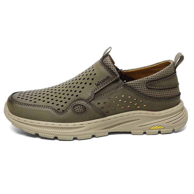 WENNAI Top Grain Cow Leather Casual Shoes Men's Khaki