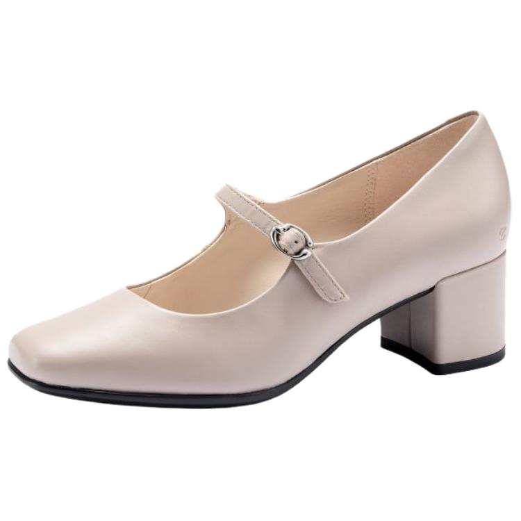 Ecco 35 Square Toe Molded Cow Leather Chunky Heel Mary Jane Shoes 5CM Women's Pink