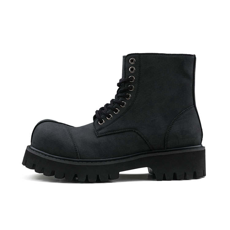HANQIAORIJI Fission Collection Cow Split Leather Short Chunky Derby, Combat Boots 5cm Unisex Gray Black