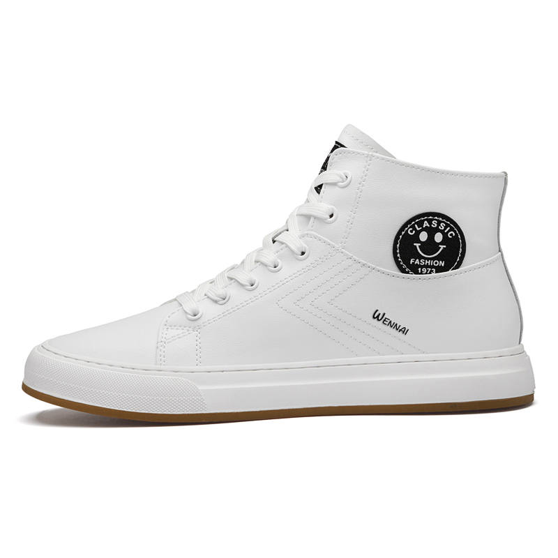 WENNAI Top Grain Cow Leather High top Skateboard Shoes Men's White
