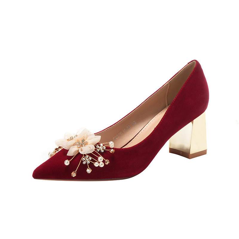 HKCP Suede Chunky Heel High Heels Women's Red