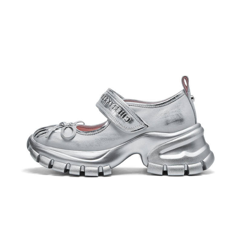 CHERYKALLY Cow Leather French Vintage Mary Jane Shoes 5.5cm Women's Silver