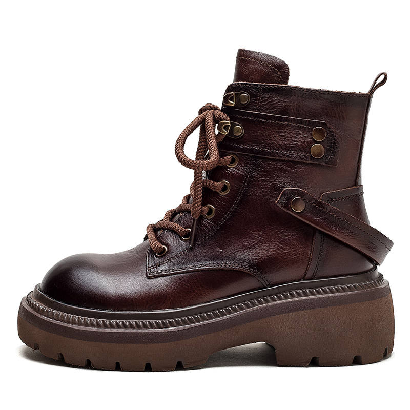 MATA Top Grain Cow Leather Short Combat Boots 6cm Women's