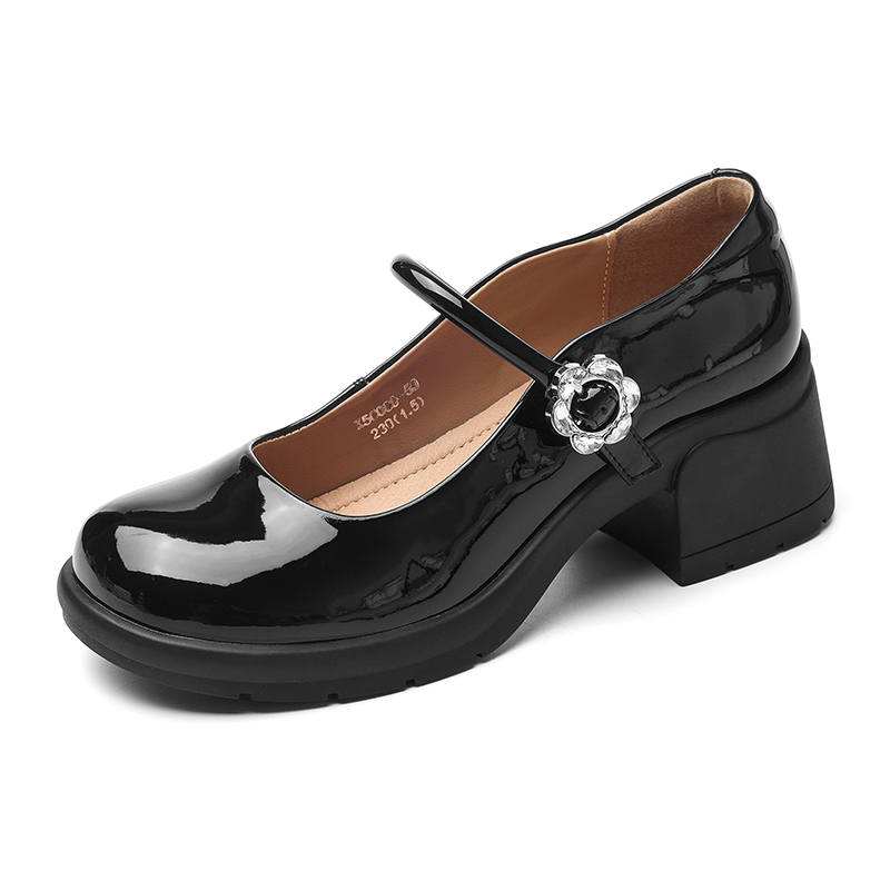 XINNUO Cow Split Leather Chunky Heel Mary Jane Shoes Women's Black