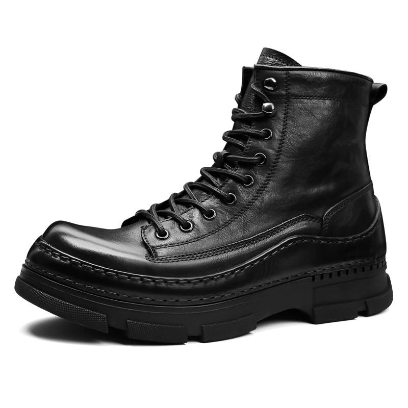 PALMPOLO Top Grain Cow Leather Short Combat Boots, Platform Height Increasing 5cm Men's Black