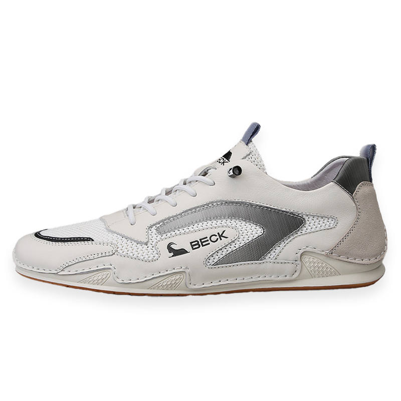 BECK White Sneakers Top Grain Cow Leather Abrasion Resistant Low top Casual Shoes Men's White Blue 2023