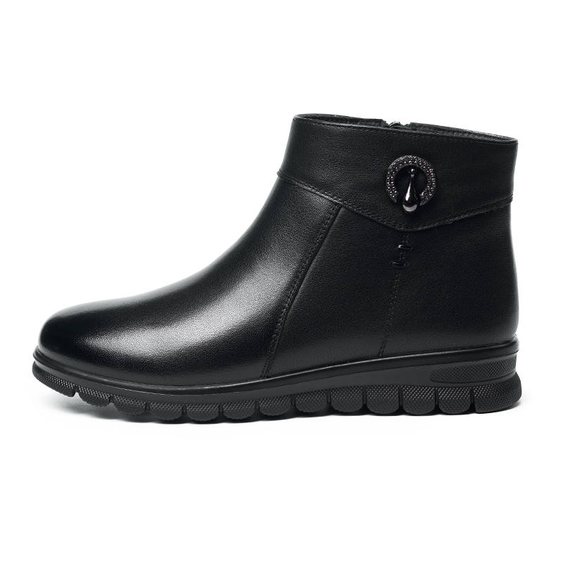 AOKANG Cow Leather Fleece Lined Casual Ankle Boots Women's Black