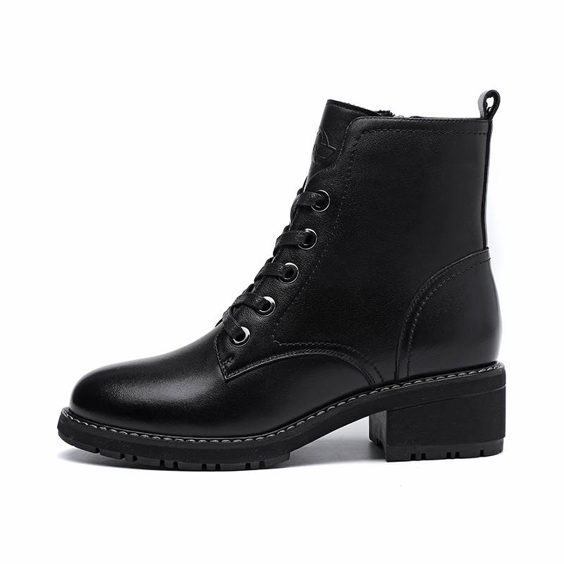 AOKANG Cow Leather Commute Versatile, Fleece Lined Thermal Casual Ankle Boots Women's Black