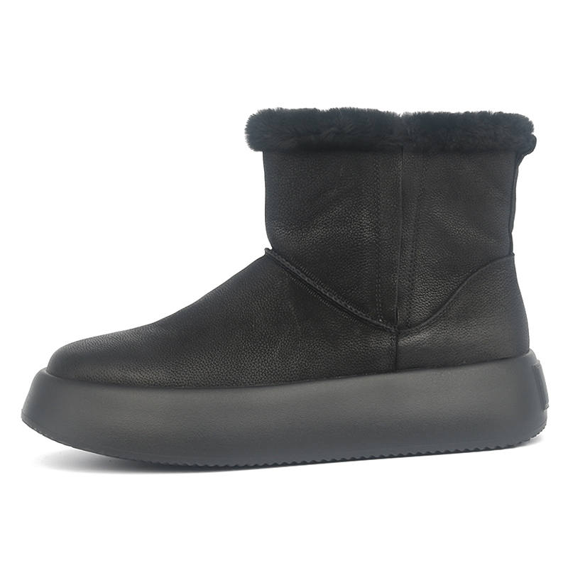 TAIDIAN Top Grain Cow Leather Thermal Short Snow Boots Black