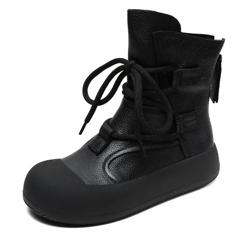 Devanro Devanro Top Grain Cow Leather Youth Casual Genuine Leather Handcrafted Vintage Platform Versatile Zippers Fleece Lined