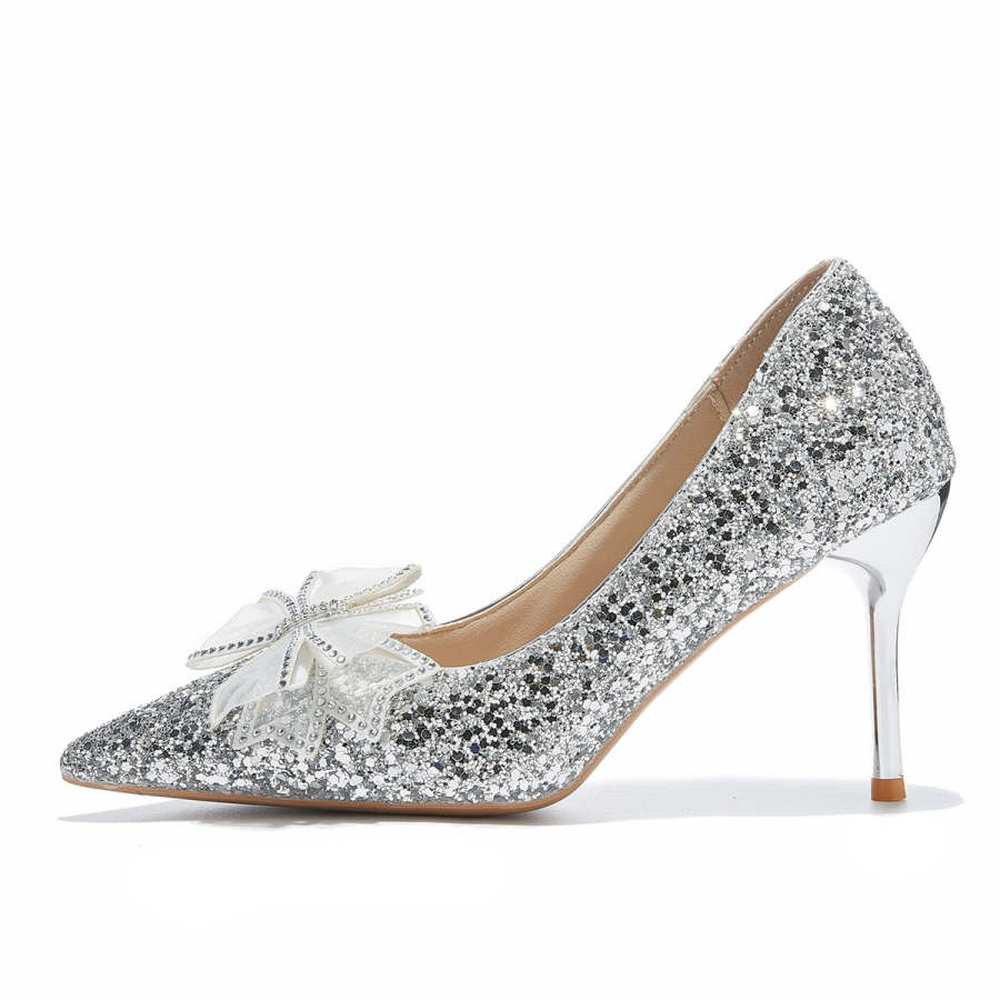Medd Bowknot French Crystal Wedding Shoes Slim Heel High Heels Women's