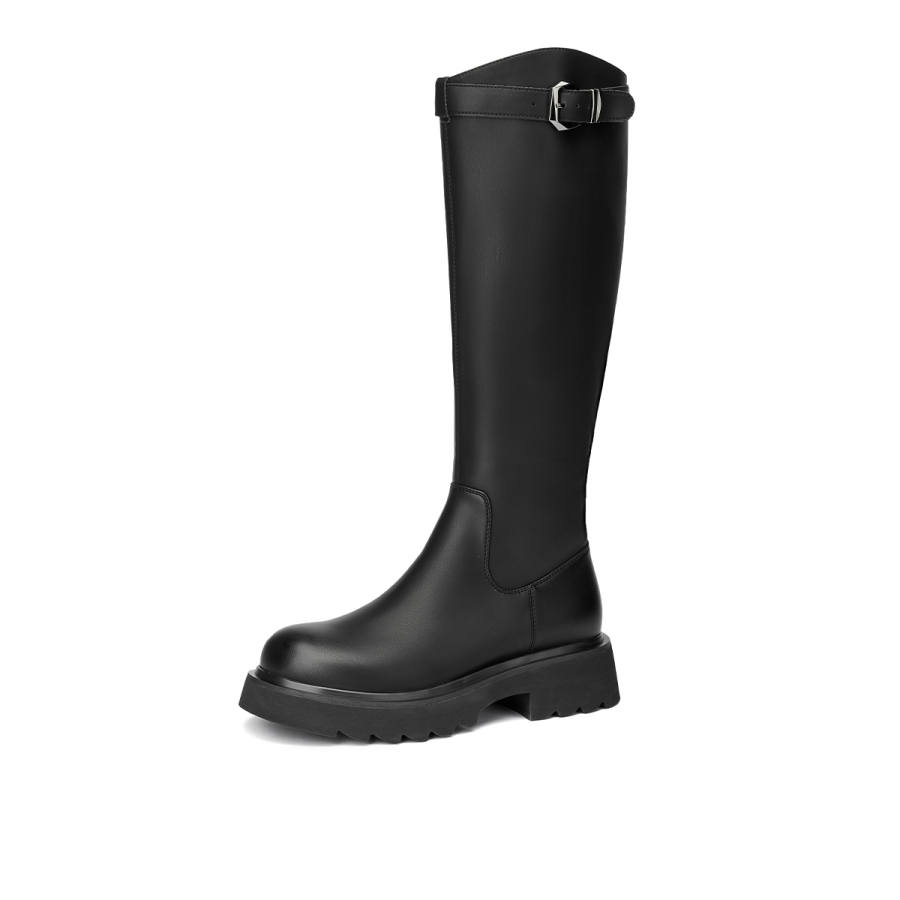 GEMEIQ Pu Stylish Metal Buckle Versatile Zippers Fleece Lined Knee high Boots 4cm Women's