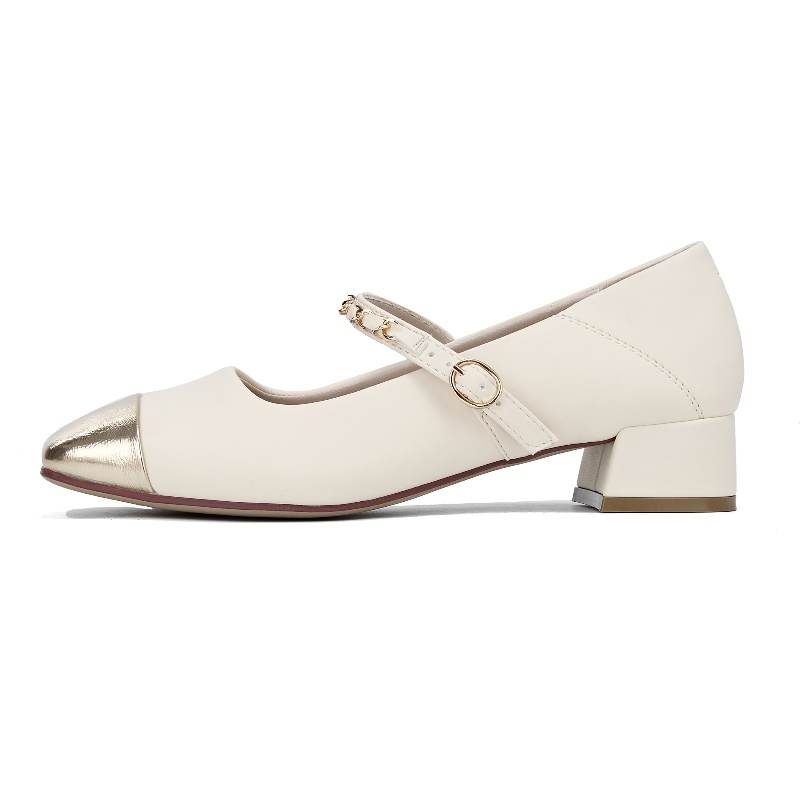 DUSTO Synthetic Leather Chunky Heel Mary Jane Shoes 3.2cm Women's Beige