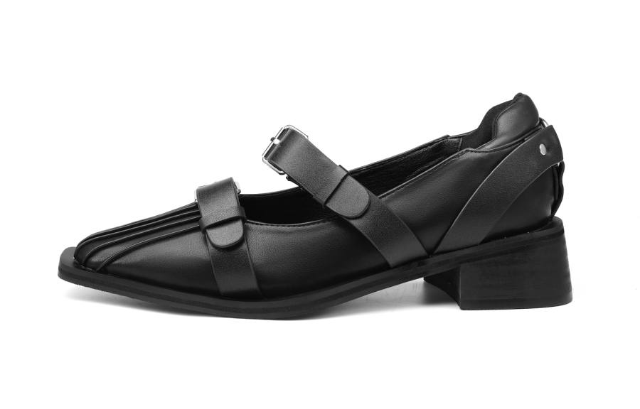 EstherShop Microfiber Leather Chunky Heel Mary Jane Shoes Women's Black