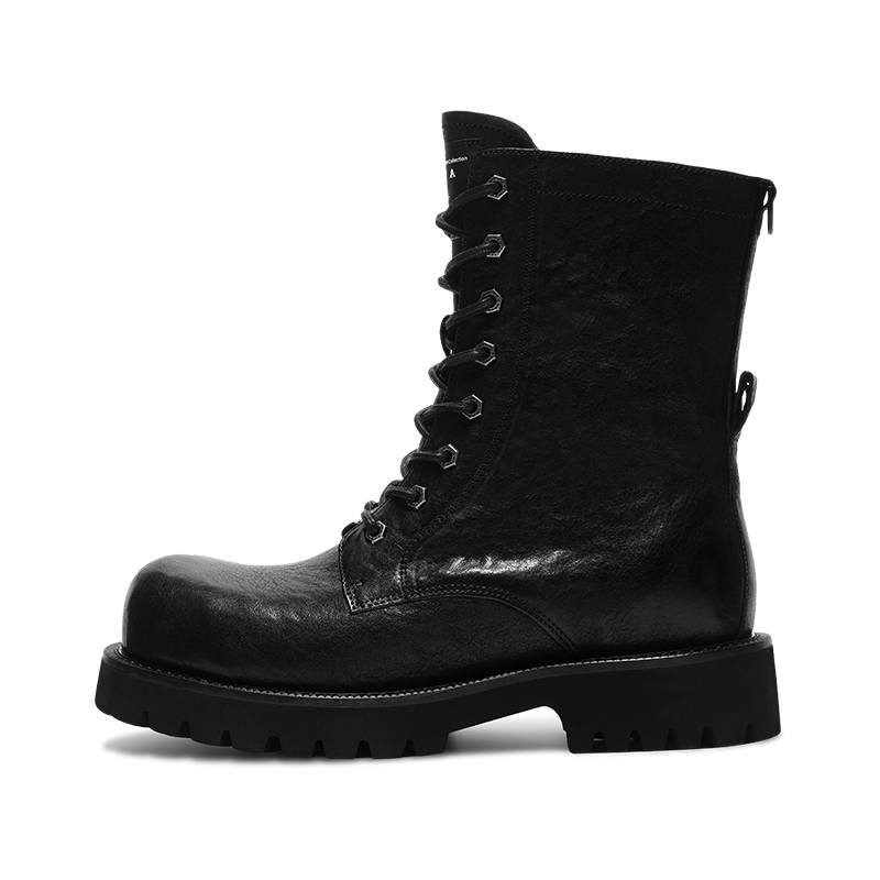 TERRA INCOGNITA Horse Leather Short Combat Boots Unisex Black