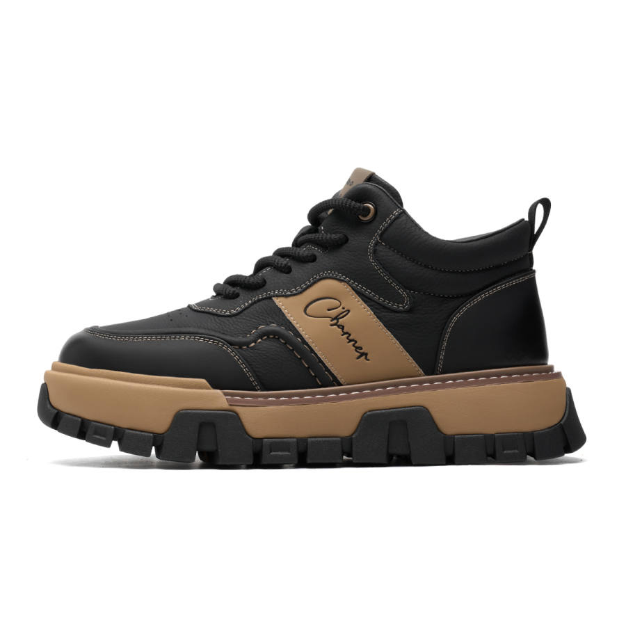 C°BANNER Cow Leather Lightweight Fleece Lined Outdoor Sports Mid top Casual Shoes Men's Black
