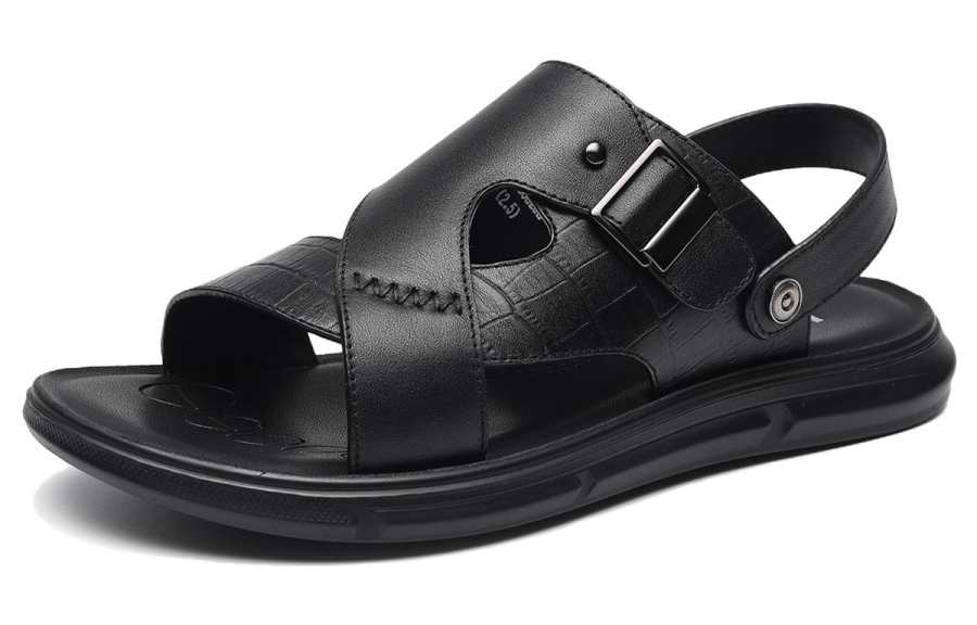 HLA Top Grain Cow Leather Stylish Sandal Men's Black