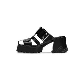 CINDY C ERIC Cow Leather Closed Toe Slippers 6CM Women's Black