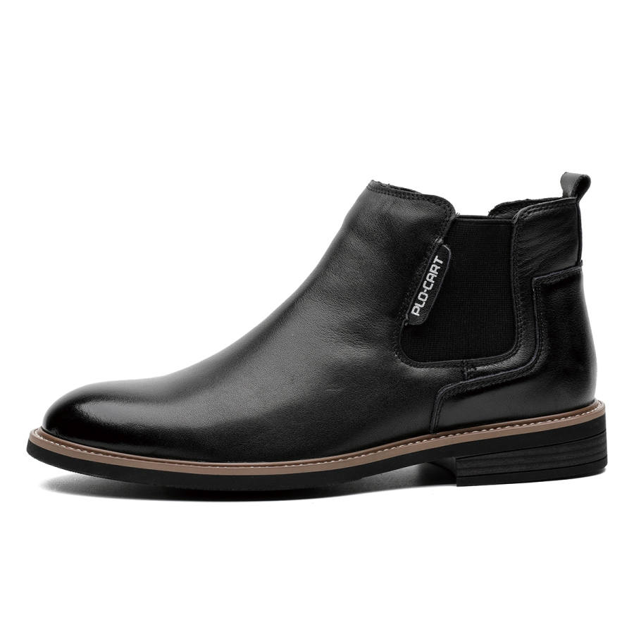 PLO CART Top Grain Cow Leather Genuine Leather And Fleece Lined Thermal Short Chelsea Boots Men's Black