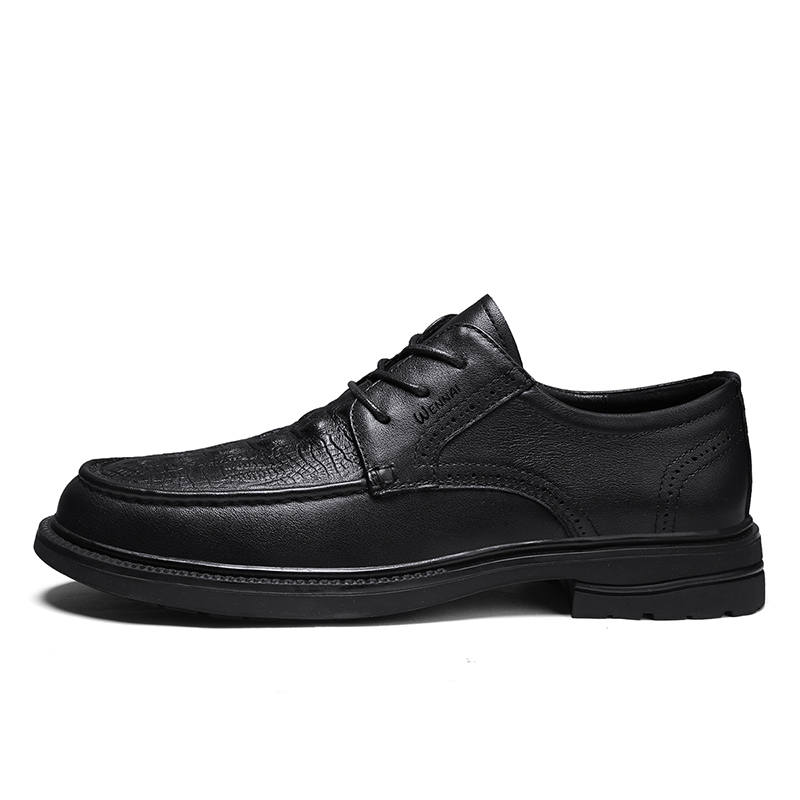 WENNAI Top Grain Cow Leather Casual Shoes Men's Black Lace Up