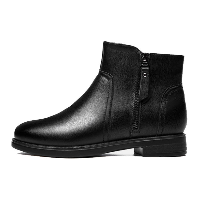 AOKANG Cow Leather Comfortable Fleece Lined Thermal Ankle Boots Women's Black