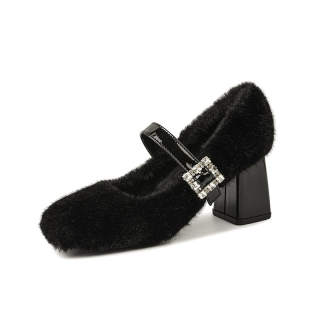 YAFEI XUANYU Elegance Versatile Rhinestone Fashion Fleece Lined Fuzzy Chunky Heel Mary Jane Shoes Women's