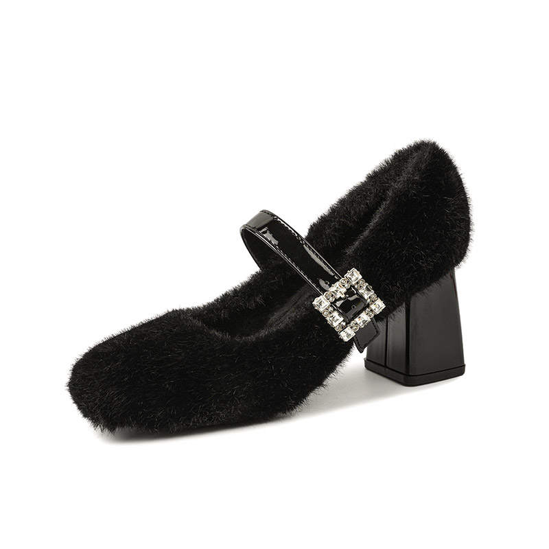YAFEI XUANYU Elegance Versatile Rhinestone Fashion Fleece Lined Fuzzy Chunky Heel Mary Jane Shoes Women's