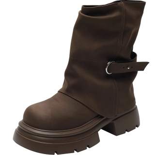 EEueeczs Cylinder Boots Pu Ankle Boots 6.5cm Women's Dark Brown