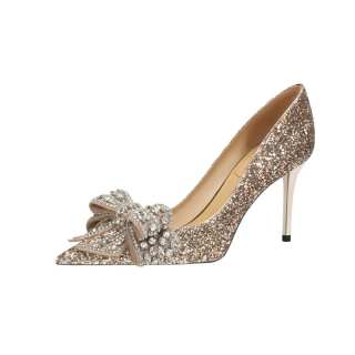 Zubumei Leather Slim Heel High Heels 8cm Women's Champagne Gold