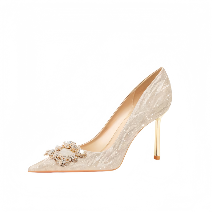 Crelinkxlat Fashion Elegance Pointed Toe, Timeless Crystal Square Diamond Pu Slim Heel High Heels Women's