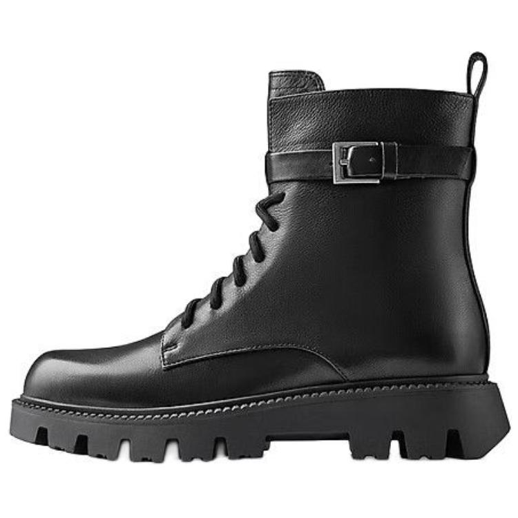 73Hours Wave Echo Cow Leather Short Combat Boots Women's Black