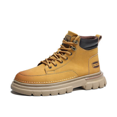•QUNLANGSHIJIA Cow Split Leather Short Combat Boots Men's Yellow