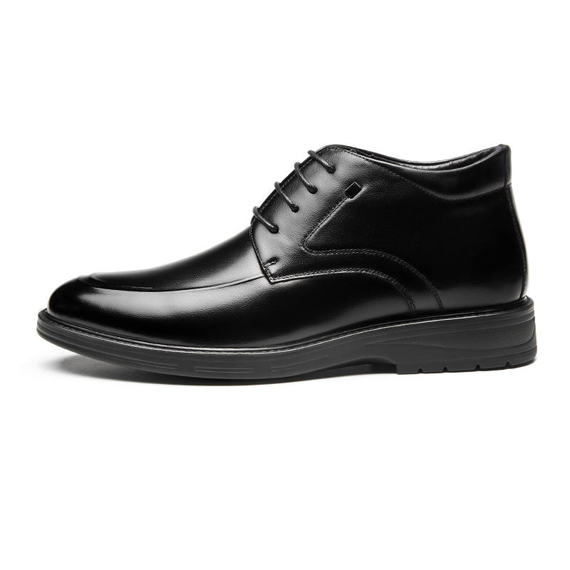 AOKANG Cow Leather Lace Up Fleece Lined Slip Resistant Ankle Boots Low Heel Men's Black