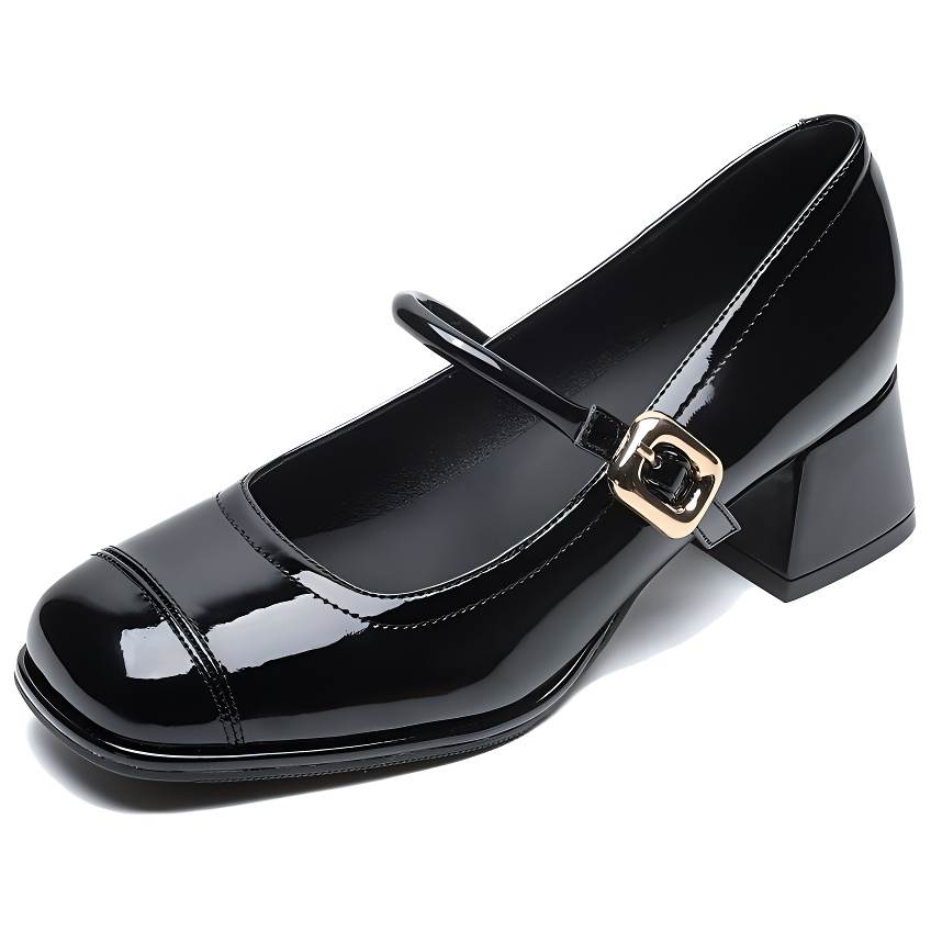 WEISHIBANGWEI Microfiber Leather Chunky Heel Mary Jane Shoes 5CM Women's Black