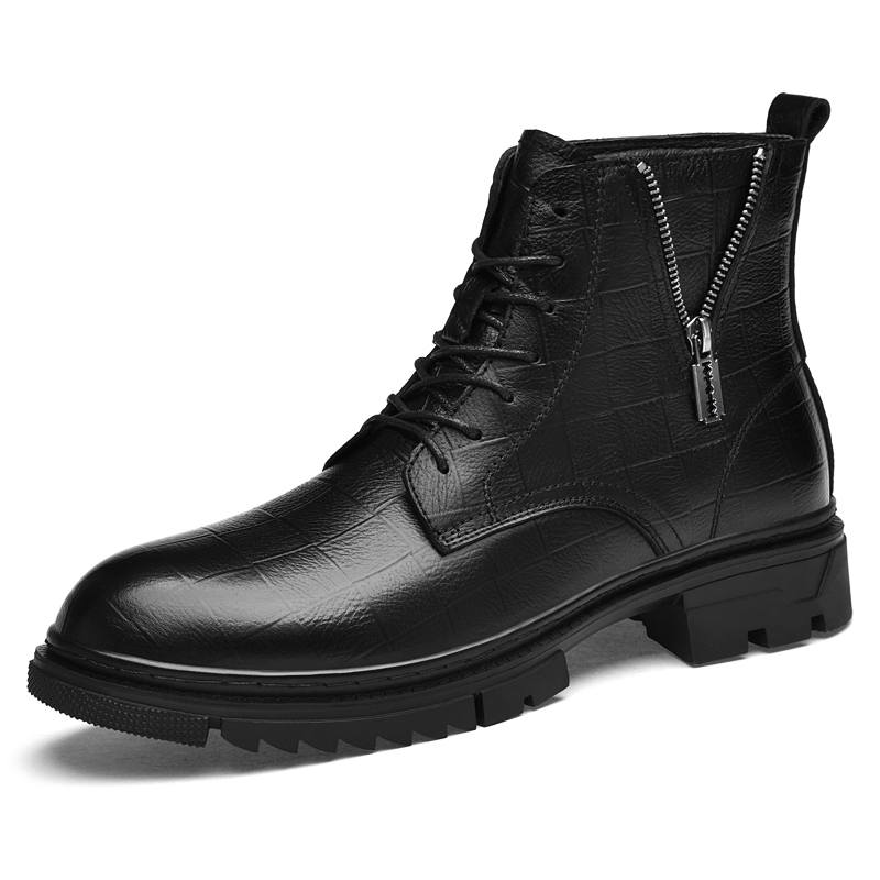 GONGNIULEITING Top Grain Cow Leather Ankle Boots Unisex Black