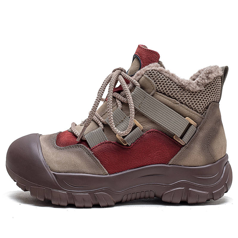 JIEZHOU Top Grain Cow Leather Vintage, Ugly Cute Large Head Fleece Lined Thermal, Platform, Patchwork 4cm Mid top