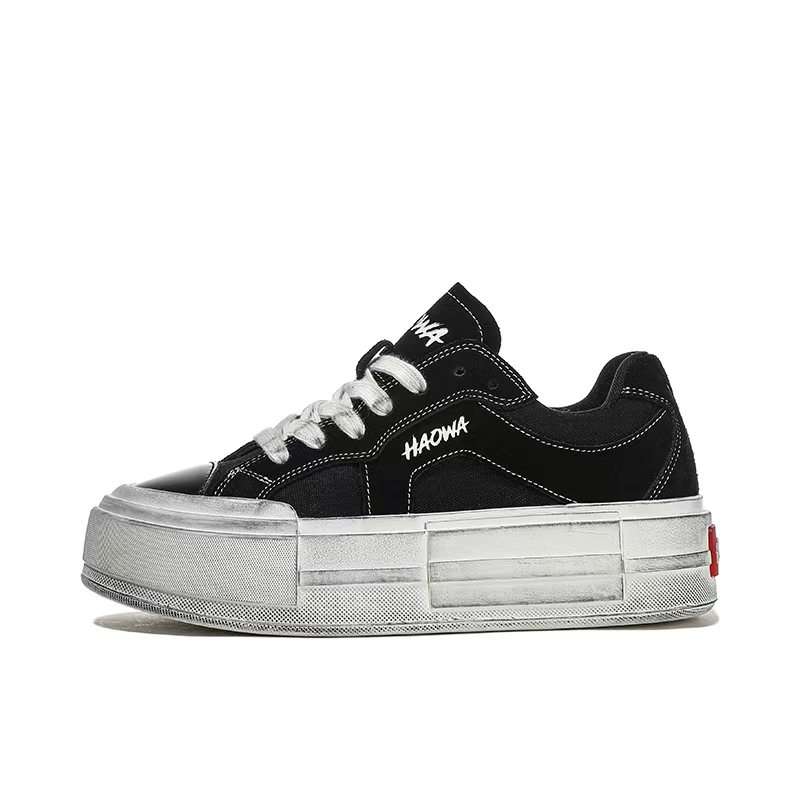 HAOWA VintageBlack Textile, Split Cow Leather Breathable Lightweight Breathable And Lightweight Low top Casual Shoes