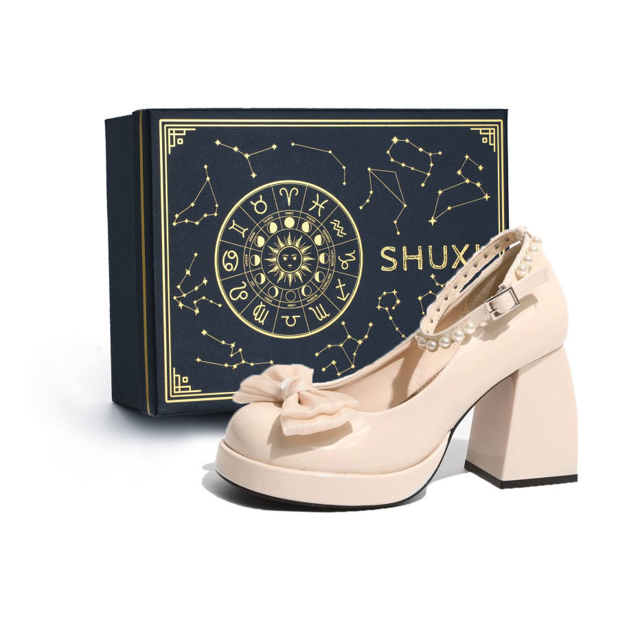 SHUXI Pu Chunky Heel Mary Jane Shoes 8cm Women's Black Beige