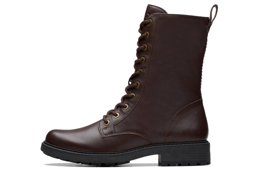 Clarks Cow Leather Short Mid Calf Combat Boots Women's Dark Brown