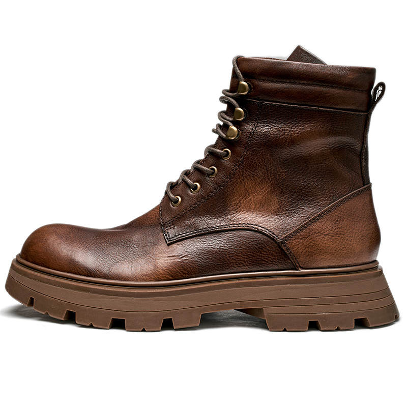 DIENGRLEY Top Grain Cow Leather Crew Combat Boots Men's Coffee