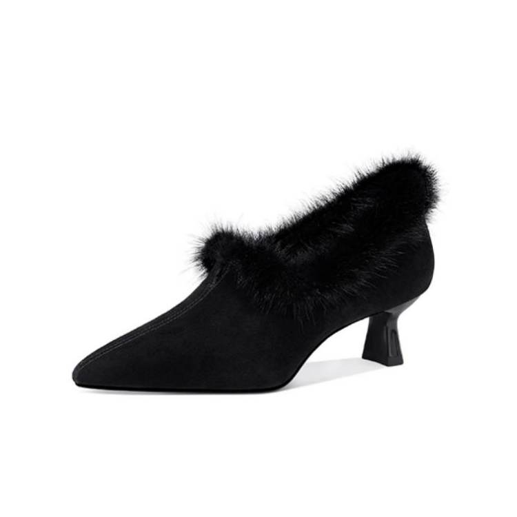 JESSICA SOPHIA Pointed Toe Slimming Fleece Lined Slip on Flared Heel High Heels 5CM Women's