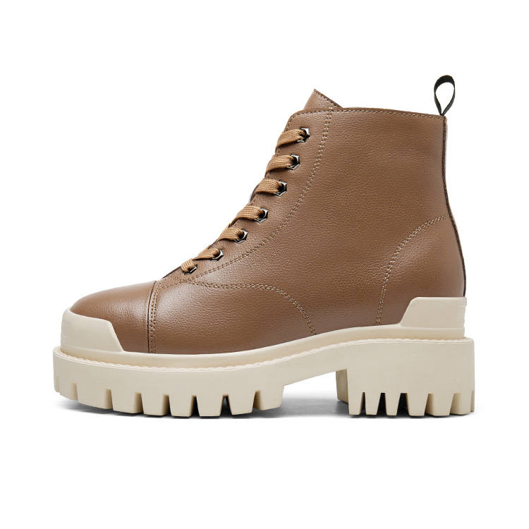 He Jinchang Cow Leather Short Combat Boots 8CM Women's Earth Yellow